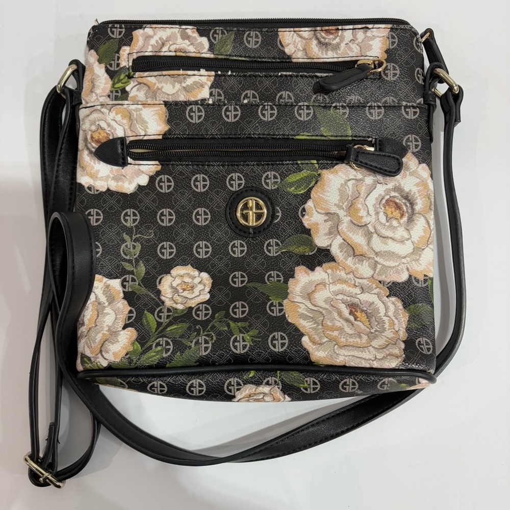 Giani Bernini Black Pebble Crossbody Floral Pattern GB Logo Multi-pockets Womens